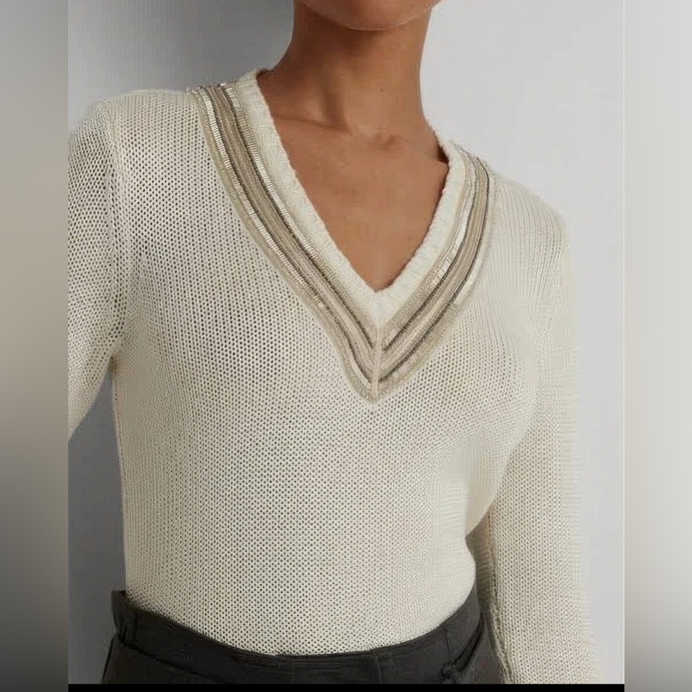 Lauren by Ralph Lauren Black Label Beaded Cotton-Blend Cricket Sweater Sz L $400